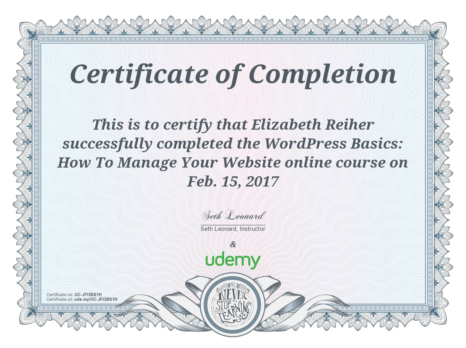 WordPress Basics Udemy Course Completion Certificate
